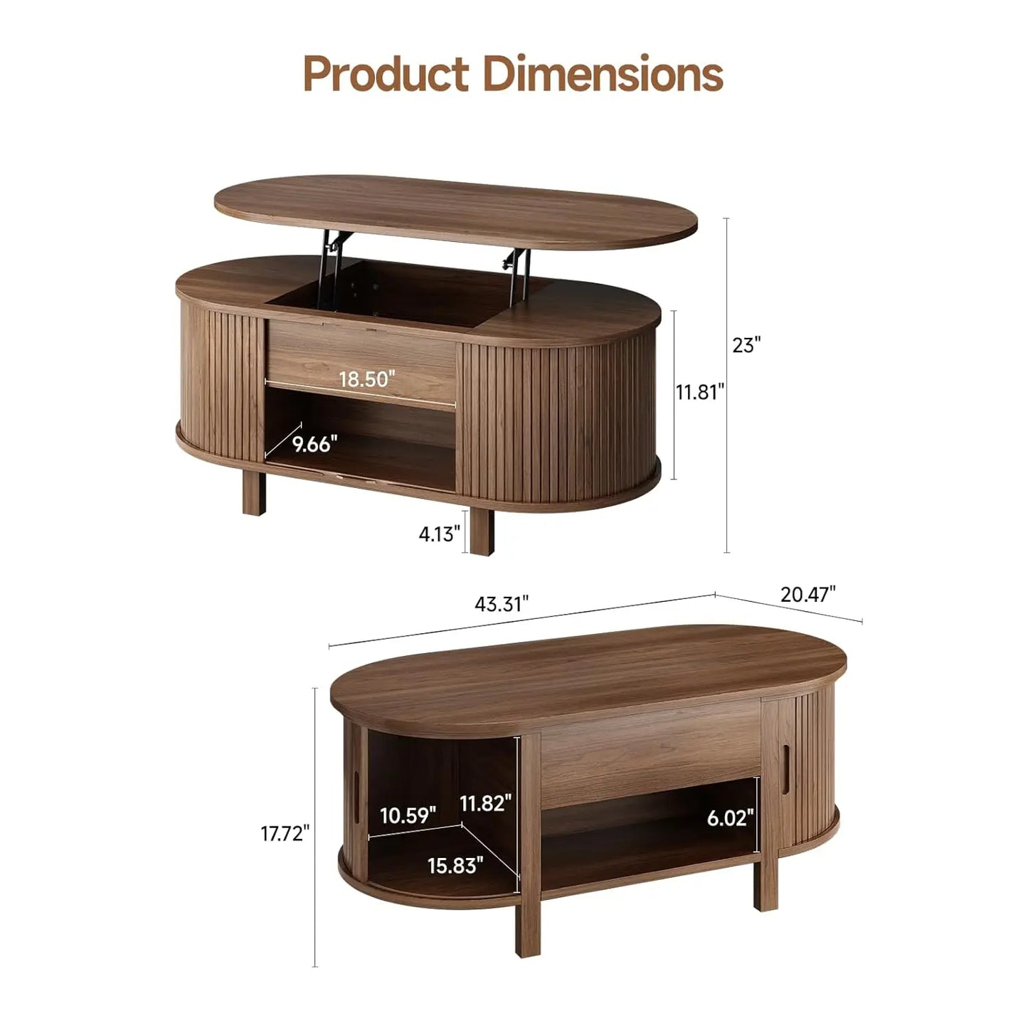 Walnut 43.3-inch oval lift-top coffee table with hidden compartment, fluted wood design, sliding door, customized storage.