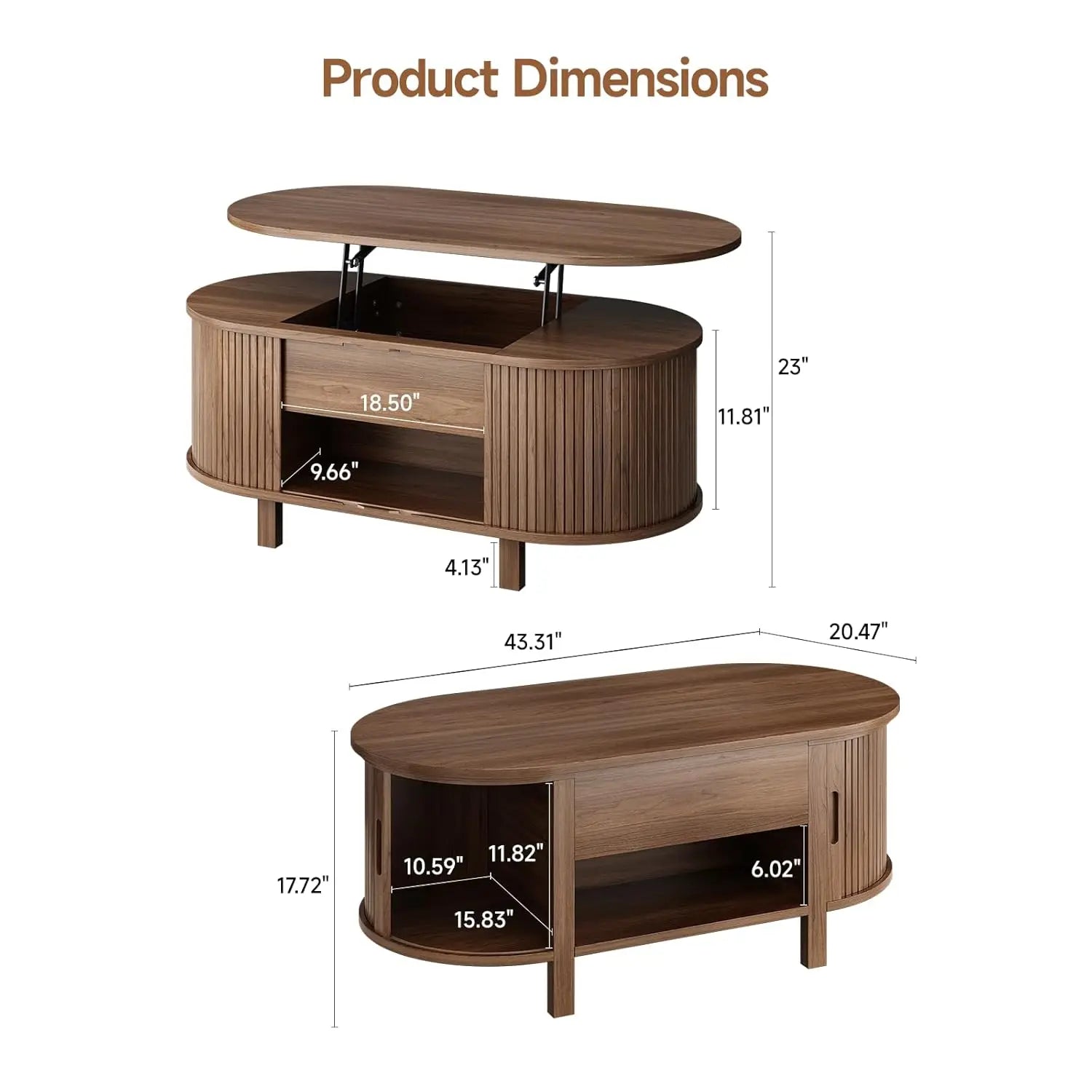 Walnut 43.3-inch oval lift-top coffee table with hidden compartment, fluted wood design, sliding door, customized storage.