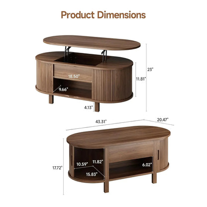 Walnut 43.3-inch oval lift-top coffee table with hidden compartment, fluted wood design, sliding door, customized storage.
