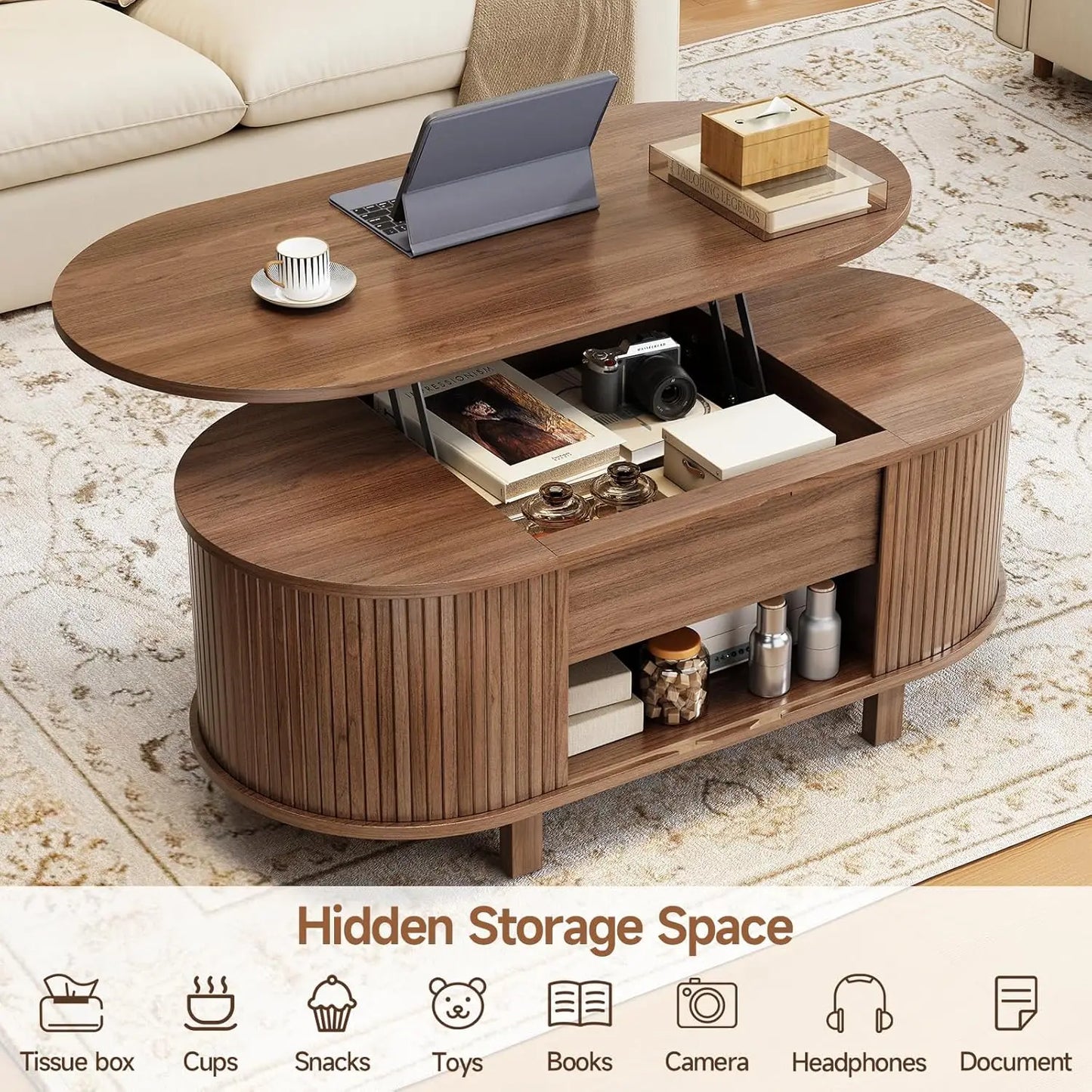 Walnut 43.3-inch oval lift top coffee table with hidden compartment, fluted wood surface, sliding door, customized design.