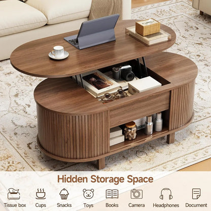 Walnut 43.3-inch oval lift top coffee table with hidden compartment, fluted wood surface, sliding door, customized design.