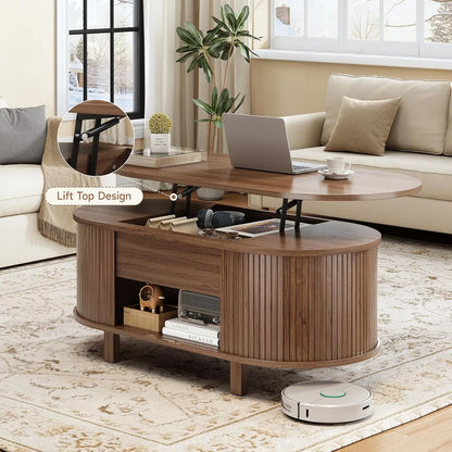 Walnut 43.3-inch oval lift-top coffee table with hidden compartment, fluted wood design, sliding door, customizable for living room.