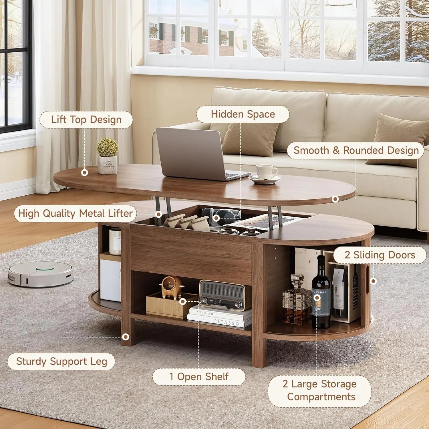 Walnut 43.3-inch oval lift-top coffee table with hidden compartment, fluted wood design, sliding door, and customizable features.