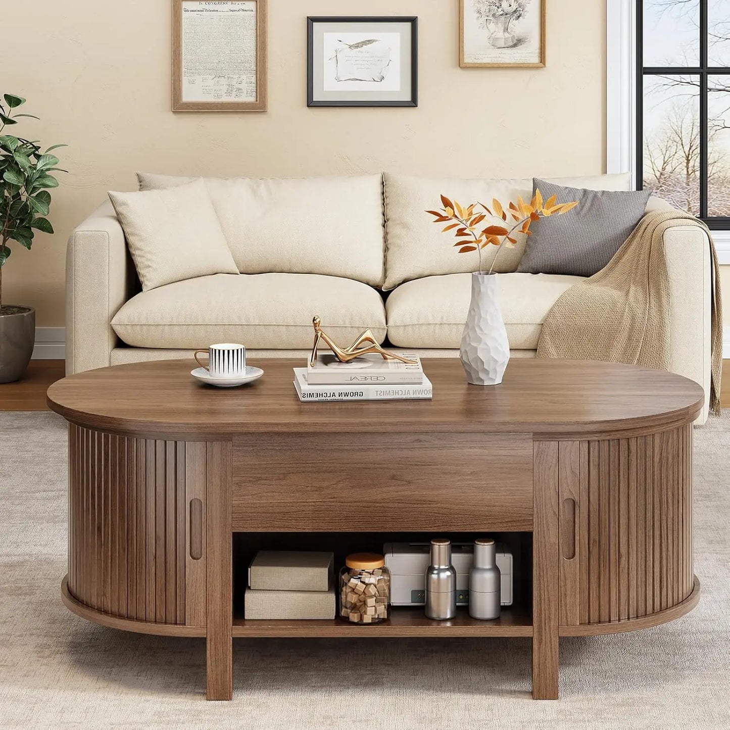 Walnut 43.3-inch oval lift top coffee table with hidden compartment, fluted wood design, sliding door, customized from BackupMyFilesNow.com