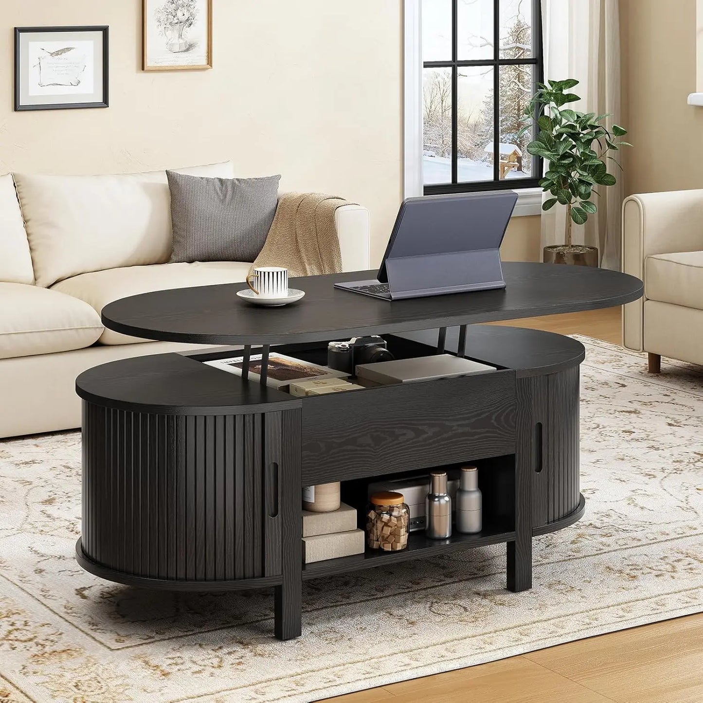 Walnut 43.3" oval lift top coffee table with hidden compartment, fluted wood design, sliding door, customized for modern living spaces.