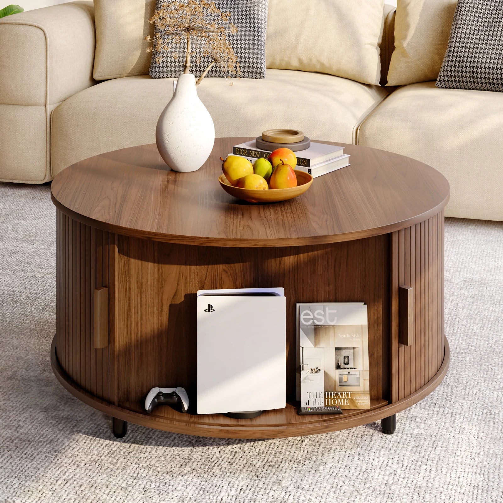 Walnut round coffee table with storage, 31.5 inches, modern design, curved sliding door, fluted wood accent for contemporary living rooms.