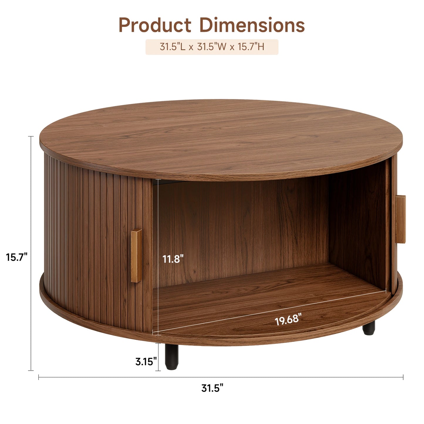 Walnut round coffee table with storage, 31.5 inches, modern design featuring a 360° curved sliding door and fluted wood accents.