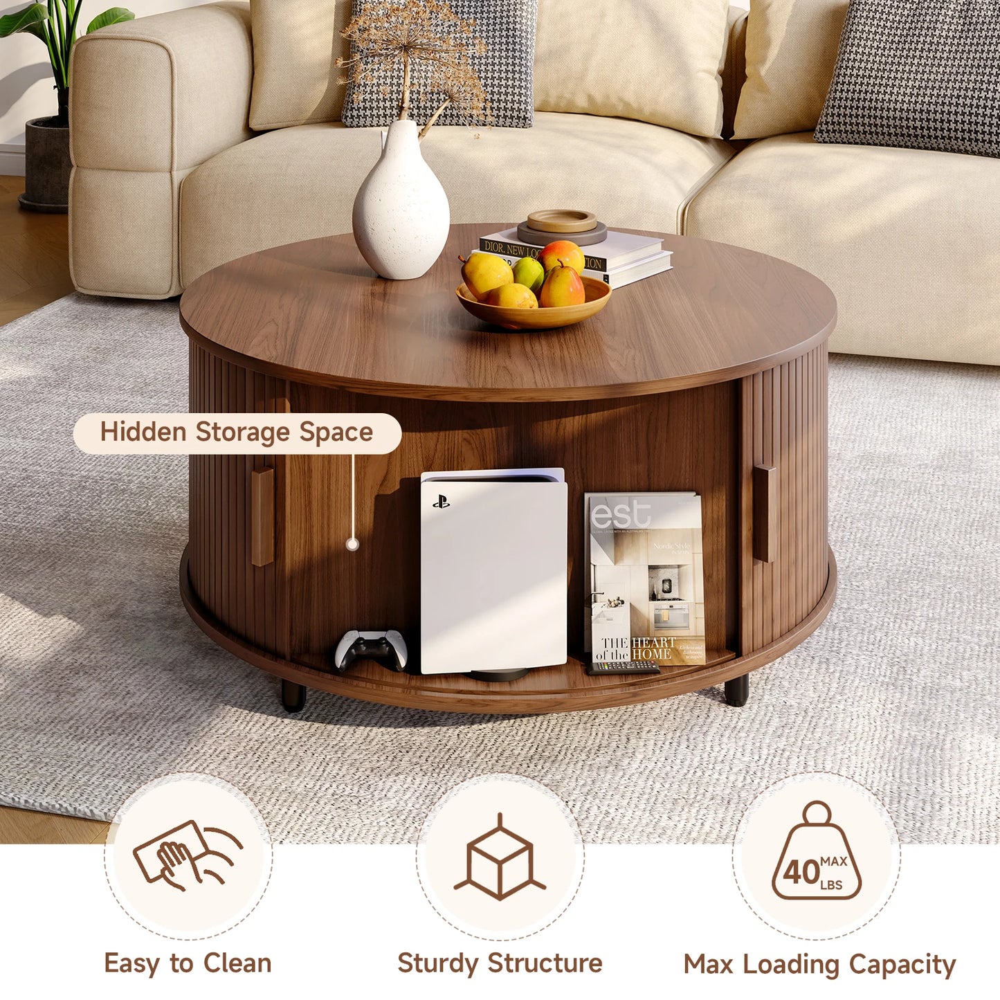 Walnut round coffee table with storage and 360° curved sliding door, modern design with fluted wood accent.