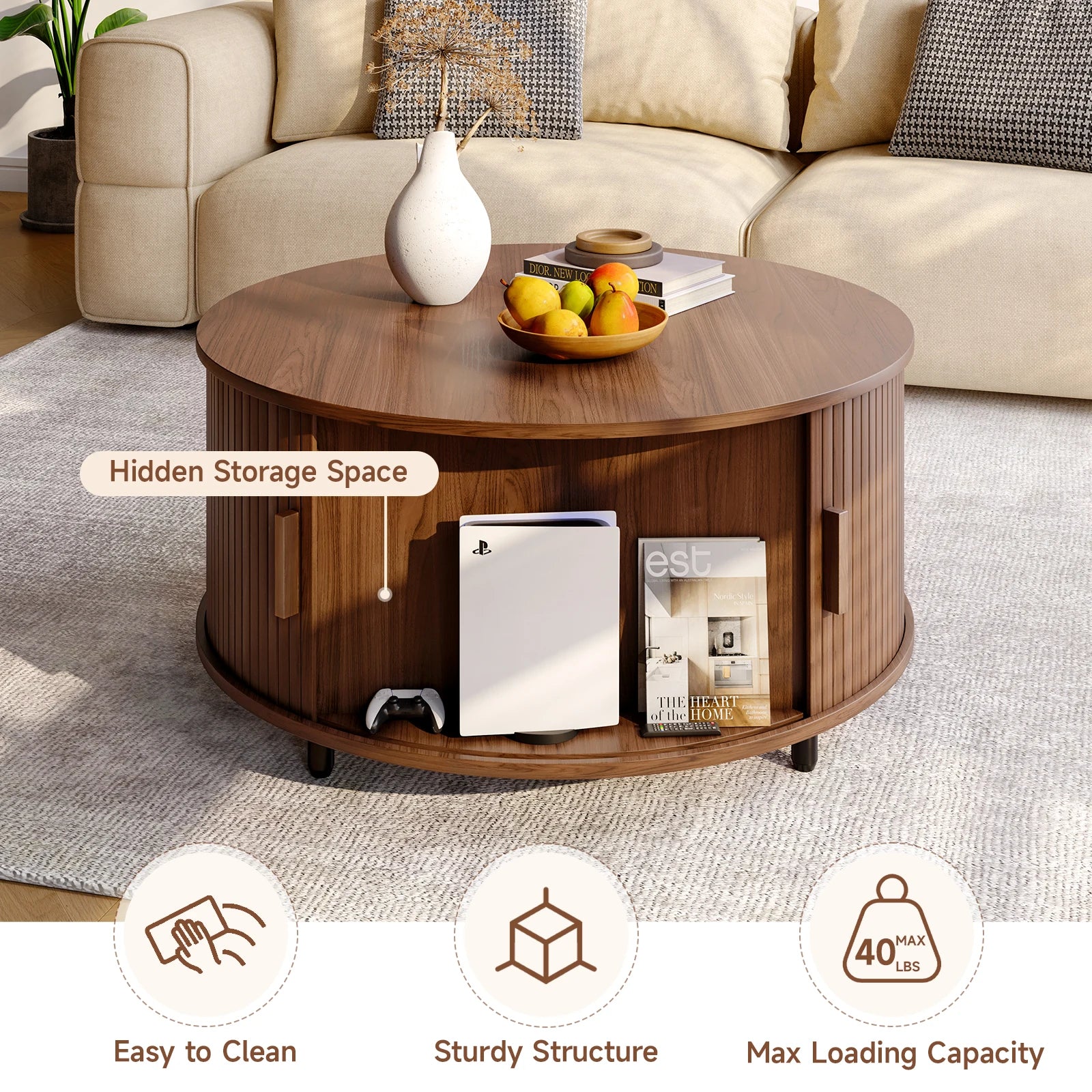 Walnut round coffee table with storage and 360° curved sliding door, modern design with fluted wood accent.
