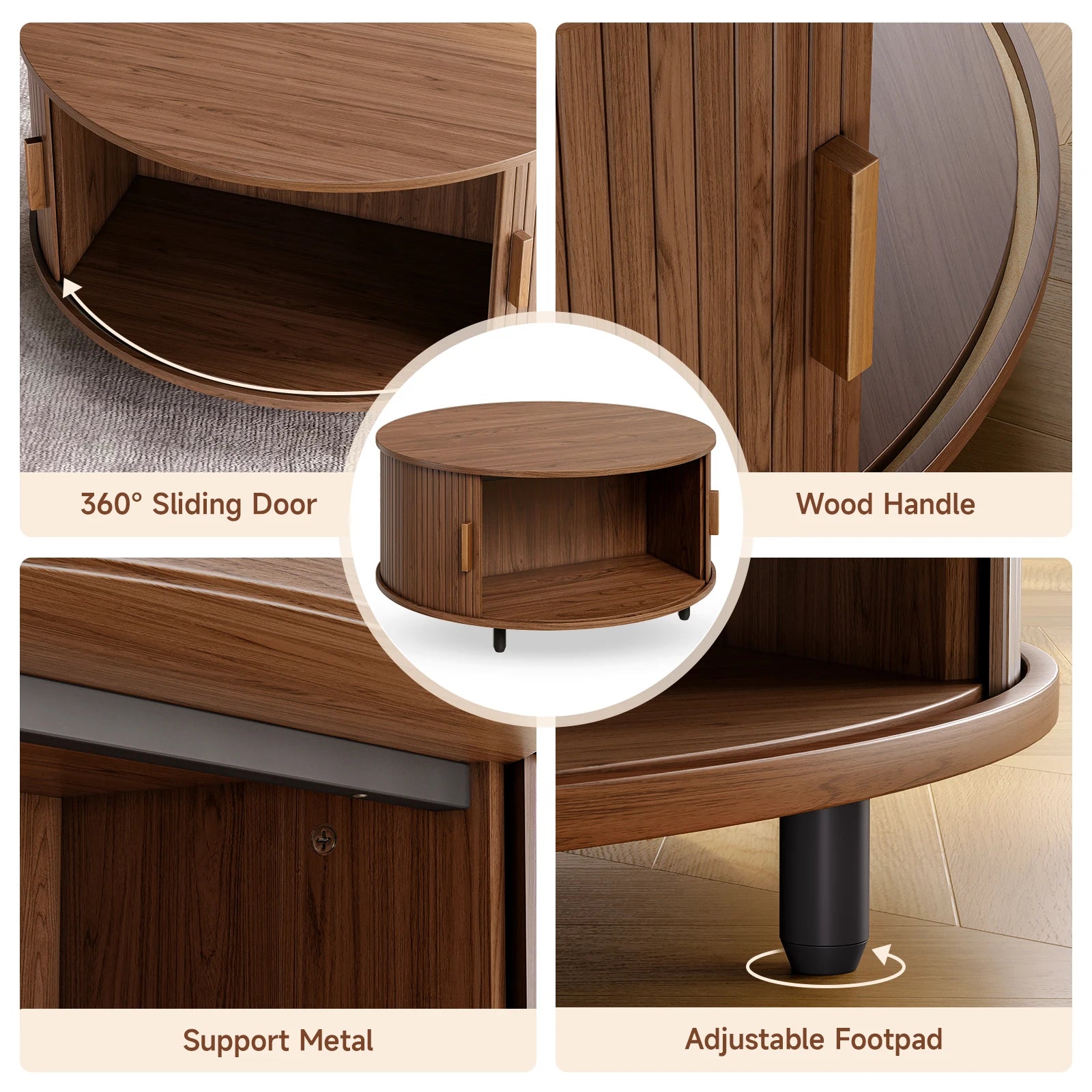 Walnut round coffee table with storage, 31.5 inches, modern design, 360° curved sliding door, fluted wood accents.
