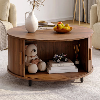 Walnut round coffee table with storage, 31.5 inches, modern design, 360° curved sliding door, fluted wood accent.