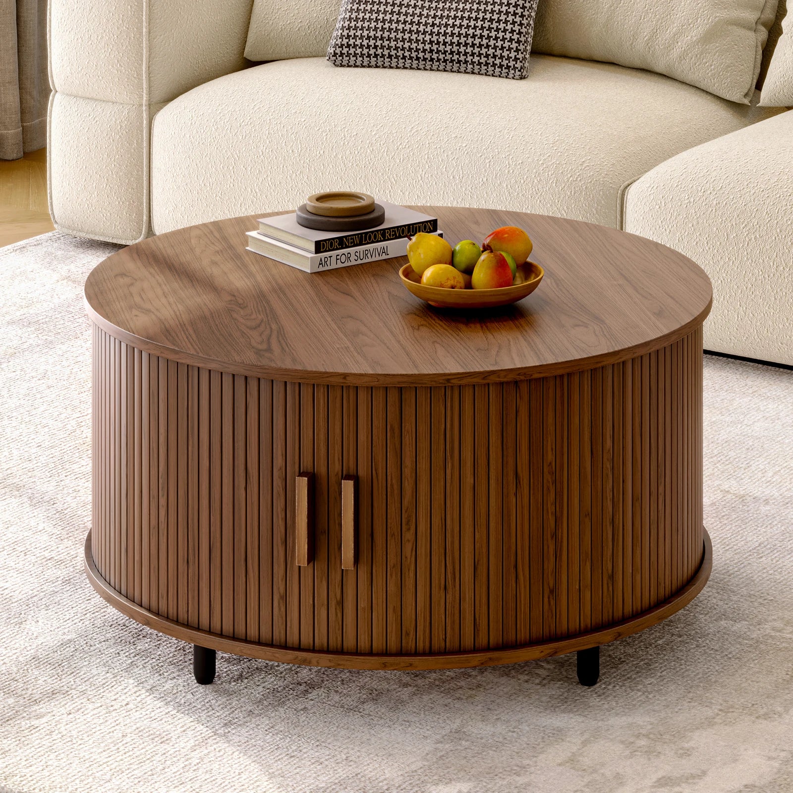 Modern walnut round coffee table with storage, 31.5 inches, featuring a 360° curved sliding door and fluted wood accents.