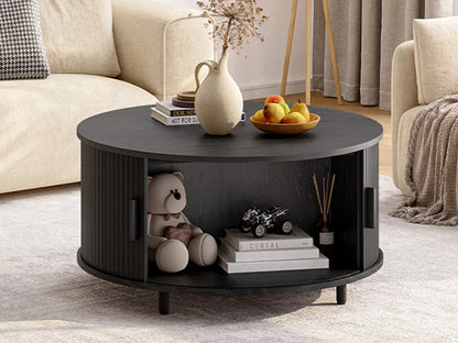 Walnut round coffee table with storage, 31.5 inches, modern design, featuring a 360° curved sliding door and fluted wood accents.