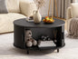 Walnut round coffee table with storage, 31.5 inches, modern design, featuring a 360° curved sliding door and fluted wood accents.