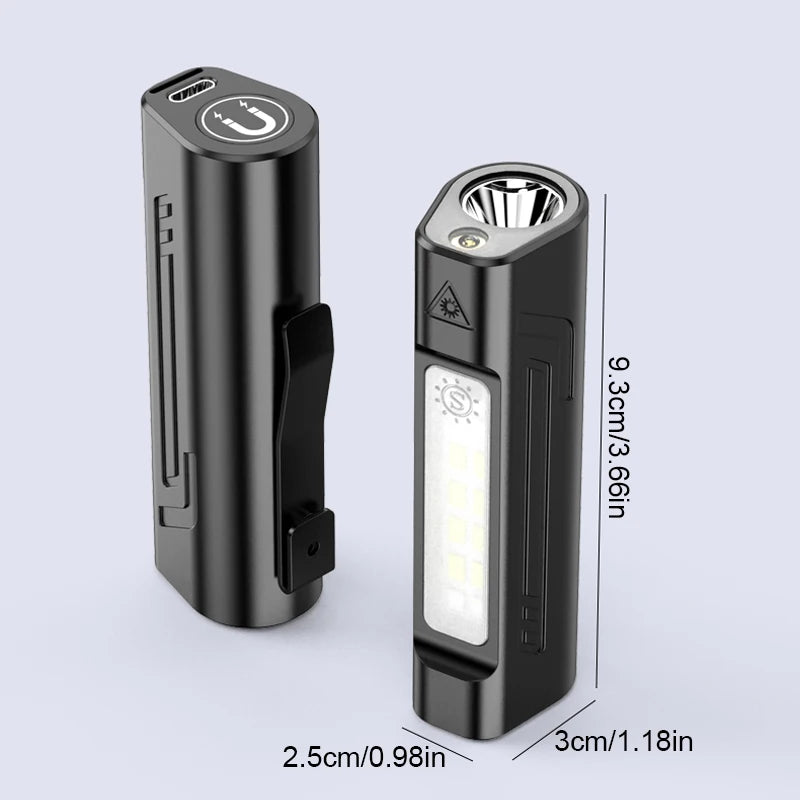 Infrared LED flashlight with pen clip, magnetic base, USB charging, long-lasting battery, and emergency warning light for outdoor use.