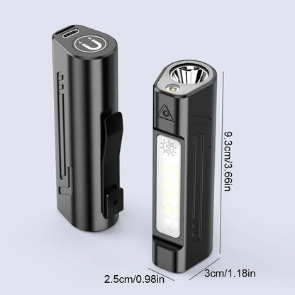 Infrared LED flashlight with pen clip, magnetic base, USB charging, long-lasting battery, and emergency warning light for outdoor use.