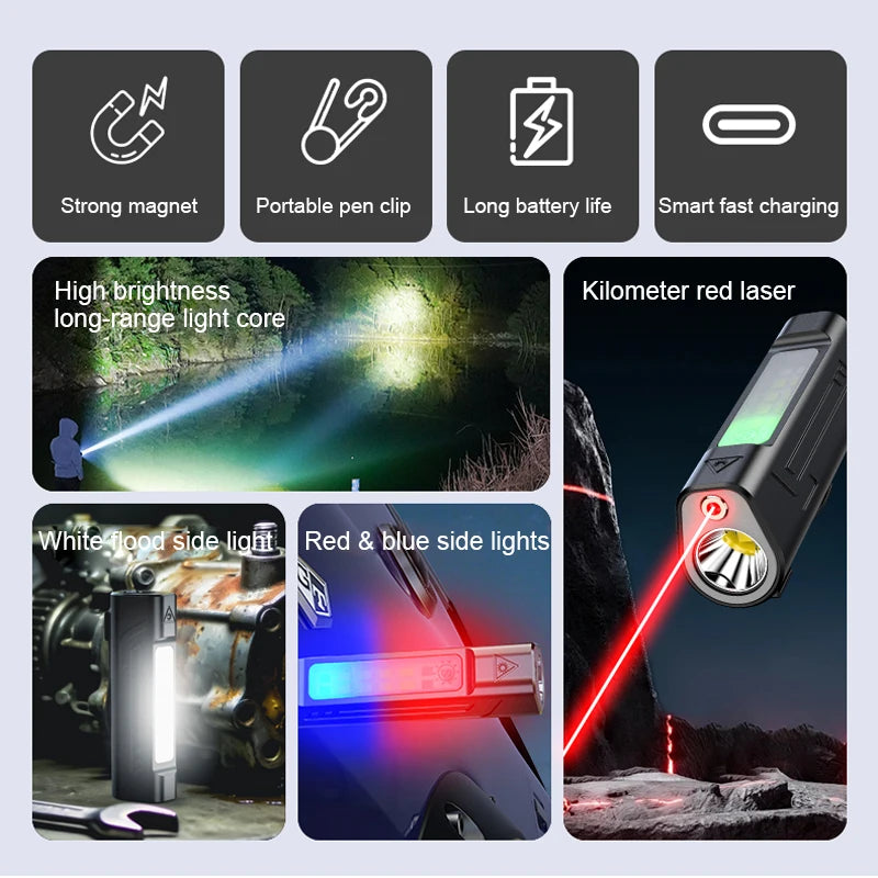 Infrared strong light flashlight with pen clip, magnetic base, USB charging, black finish, designed for outdoor emergency and long endurance.