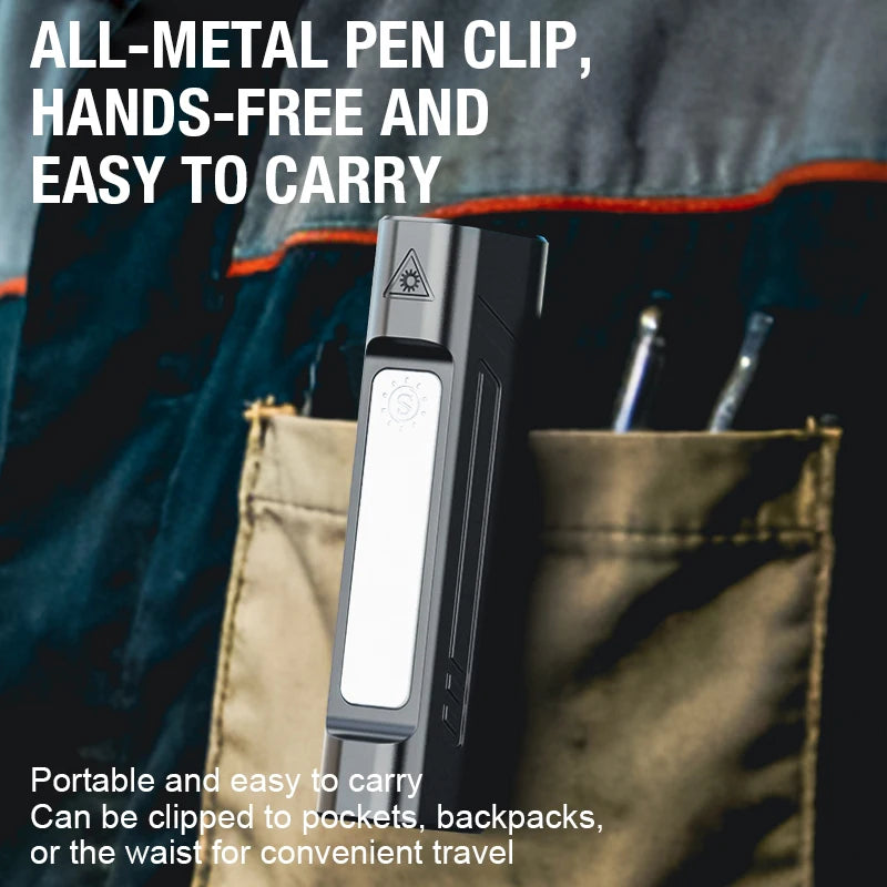 Infrared strong light flashlight with pen clip, magnetic base, USB charging, black color, designed for outdoor emergency use.
