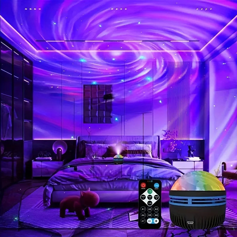USB rechargeable LED galaxy nightlight projector with remote, starry sky modes, sound activation, ideal for kids' room decor.