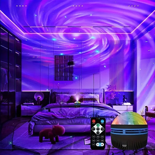 USB rechargeable LED galaxy nightlight projector with remote, starry sky modes, sound activation, ideal for kids' room decor.