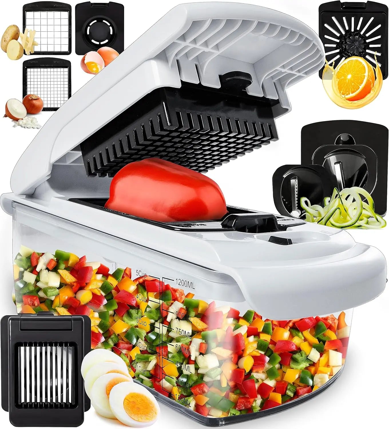 BackupMyFilesNow vegetable chopper with container, spiral cutter and kitchen gadget for quick vegetable prep.