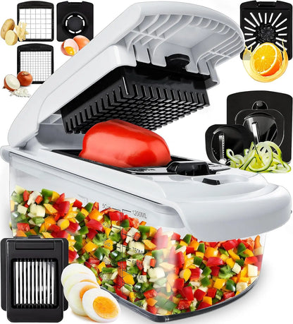 BackupMyFilesNow vegetable chopper with container, spiral cutter and kitchen gadget for quick vegetable prep.
