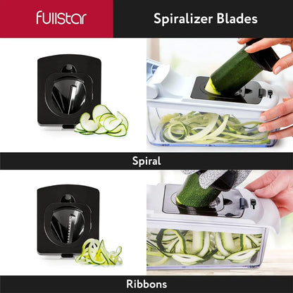 BackupMyFilesNow vegetable chopper with spiral cutter and container, showcasing stainless steel blades and compact design for kitchen use.