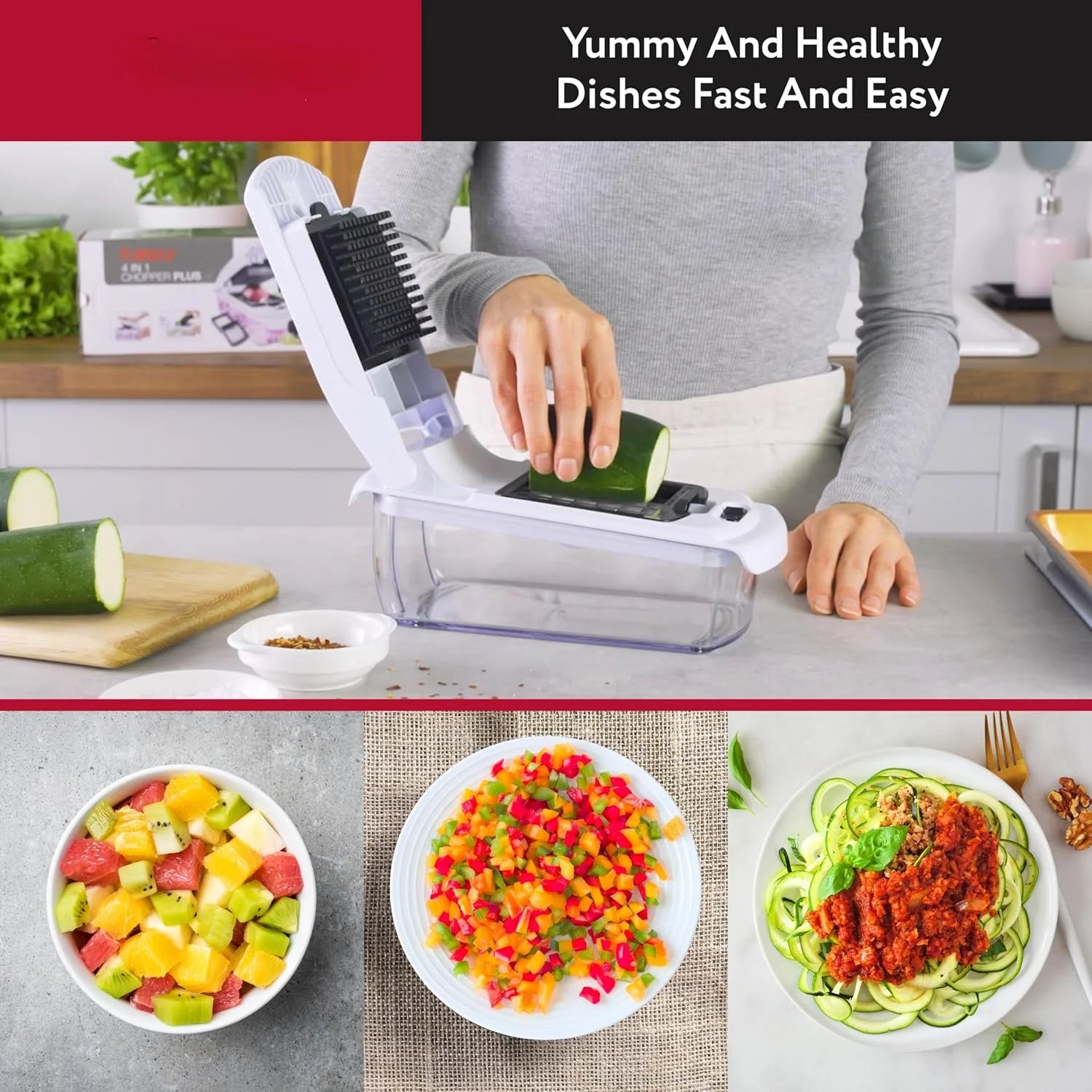 Vegetable chopper with container and spiral cutter from BackupMyFilesNow.com, displayed on a kitchen countertop with chopped vegetables.