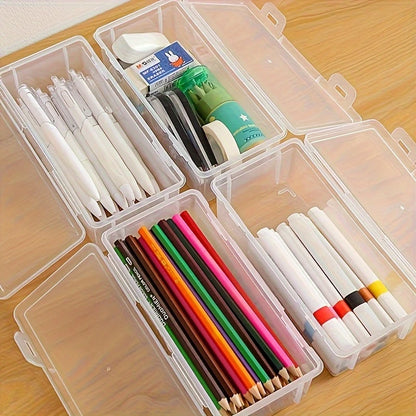 White 1/2 pcs plastic pencil case box with multiple compartments for stationery storage, ideal for school and office supplies.