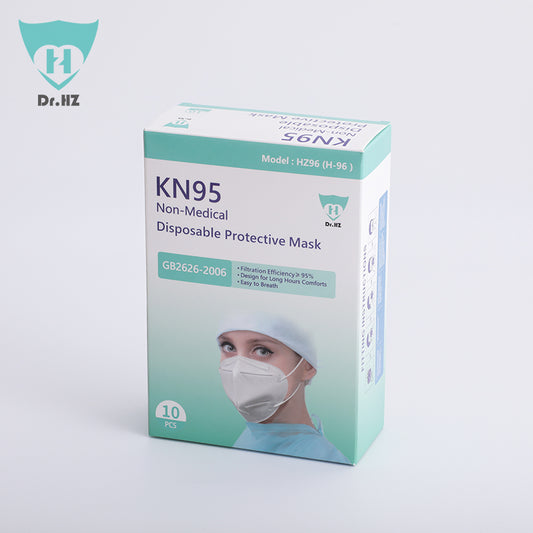 Pack of 10 white KN95 protective face masks by BACKUPMYFILESNOW.COM®, showing individual masks with ear loops and filtration design.