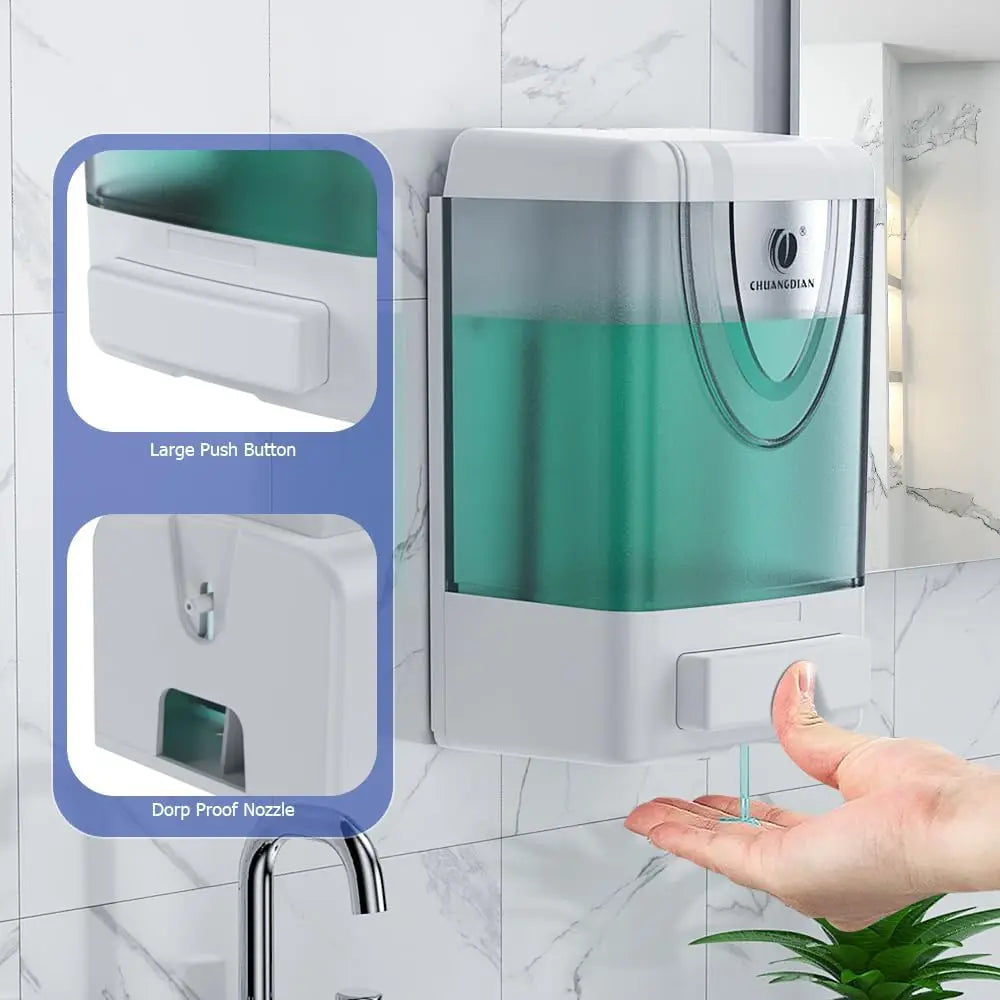 White wall-mounted hand soap dispenser for liquid soap and hand sanitizer, ideal for bathroom and kitchen use.