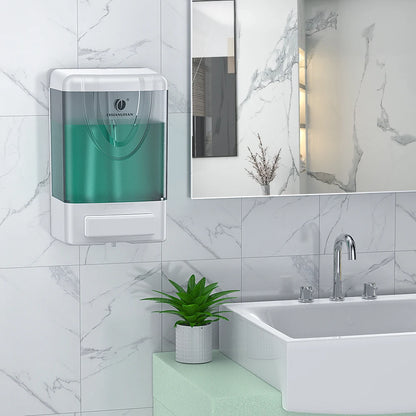 White wall-mounted liquid soap and sanitizer dispenser for bathroom and kitchen, designed for 1000ml bottles and easy use.
