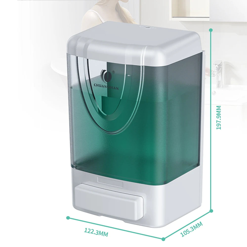 White wall-mounted hand soap and sanitizer dispenser for bathroom and kitchen, designed for liquid soap bottles.