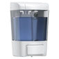 White wall-mounted hand soap dispenser for liquid soap and sanitizer, suitable for bathroom and kitchen use.