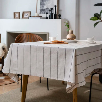 White cotton linen boho farmhouse table cloth with burlap striped pattern, washable heavy fabric for kitchen or picnic rectangle tables.