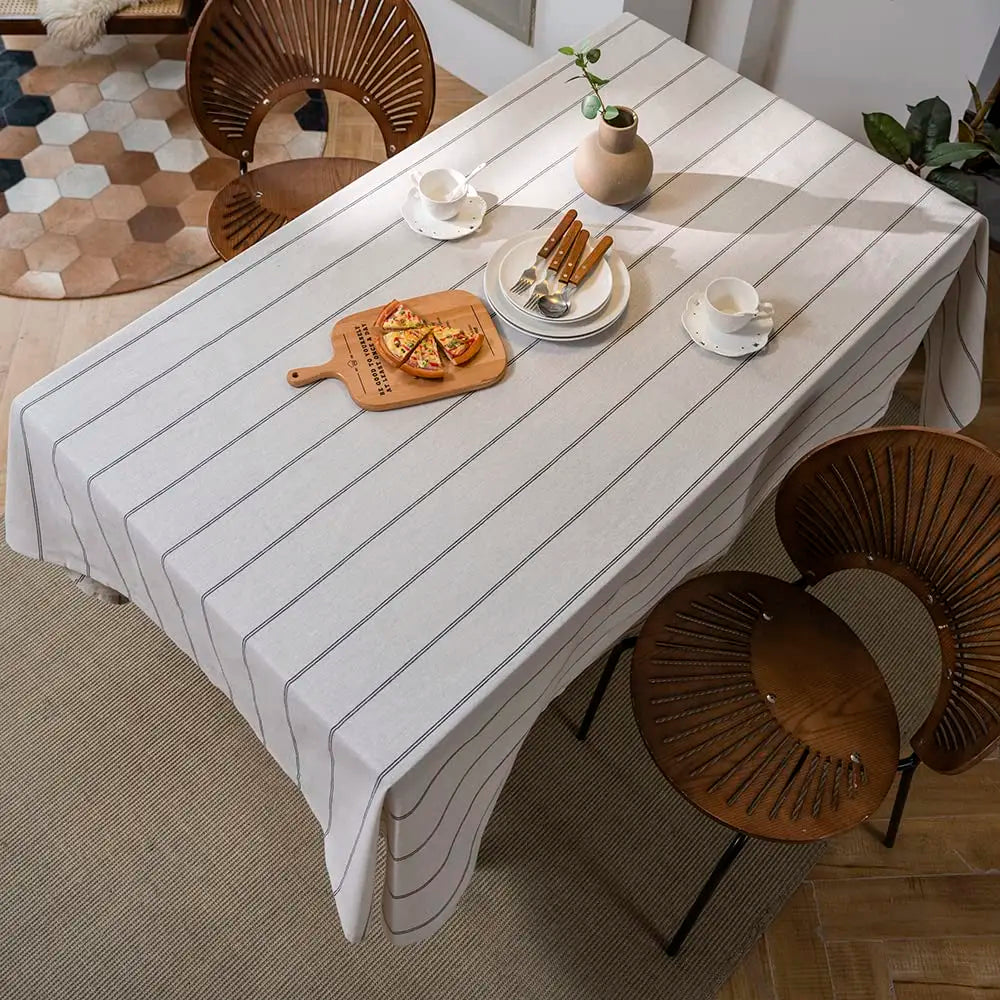 Cotton linen boho farmhouse table cloth with burlap stripe, heavy fabric, washable rectangle cover for kitchen or picnic tables.