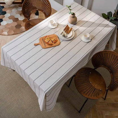 Cotton linen boho farmhouse table cloth with burlap stripe, heavy fabric, washable rectangle cover for kitchen or picnic tables.