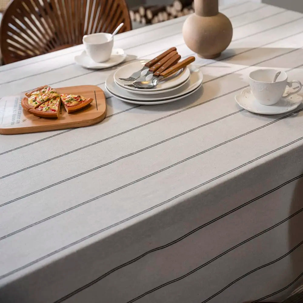 White cotton linen table cloth with burlap stripes, boho farmhouse style, heavy fabric, washable rectangle table cover for kitchen or picnic.