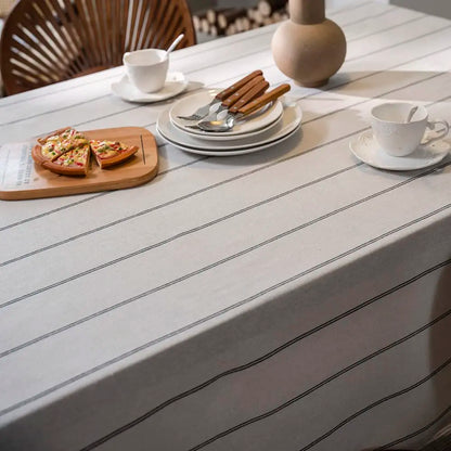 White cotton linen table cloth with burlap stripes, boho farmhouse style, heavy fabric, washable rectangle table cover for kitchen or picnic.