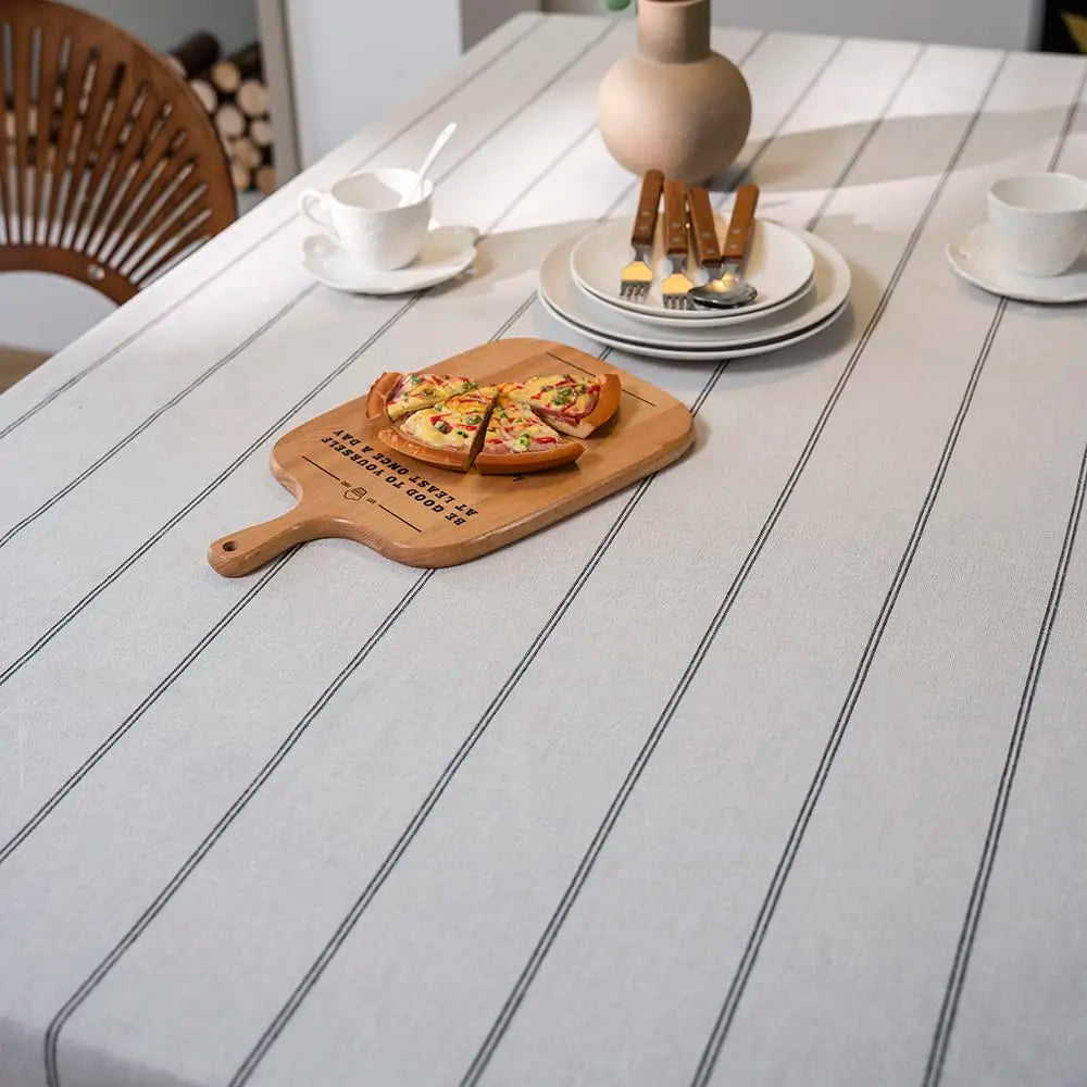 Cotton linen boho farmhouse table cloth with burlap stripe pattern, heavy fabric, washable rectangle table cover for kitchen or picnic.