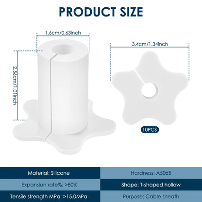 Set of 10 white silicone Starlink cable grommets, 5/8 inch waterproof wall pass-through split bushings for TV and Ethernet cables.