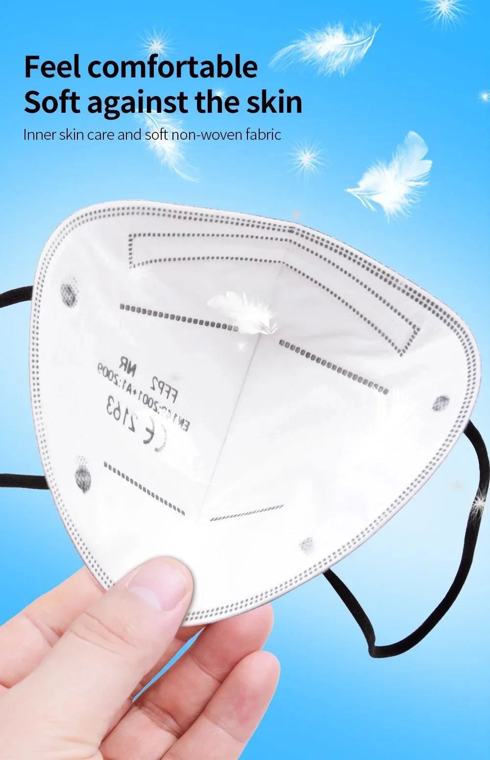 Set of ten white FFP2 face masks with 5-layer filters, KN95 certification, reusable adult masks for health protection.