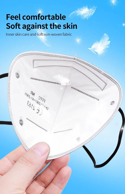 Set of ten white FFP2 face masks with 5-layer filters, KN95 certification, reusable adult masks for health protection.