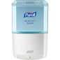 White PURELL ES6 touch-free hand soap and sanitizer dispenser measuring 12.1 x 5.3 x 8.6 inches, mounted on a wall.