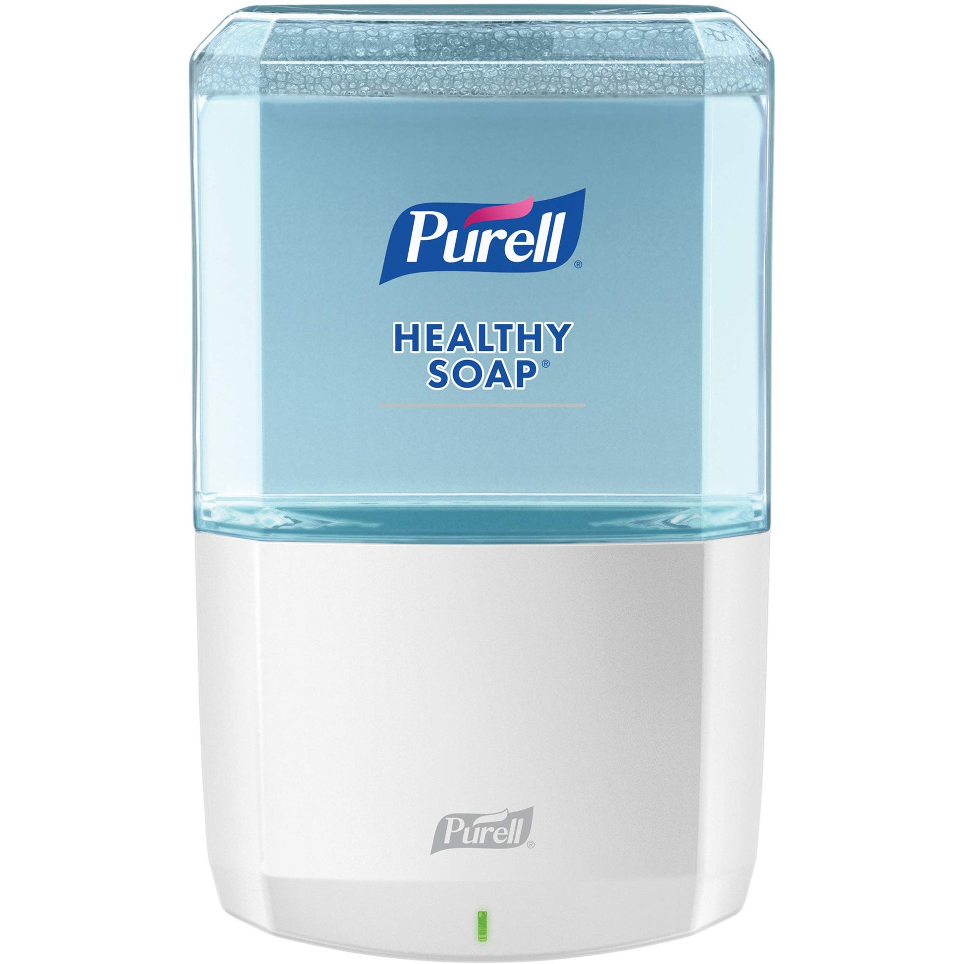 White PURELL ES6 touch-free hand soap and sanitizer dispenser measuring 12.1" x 5.3" x 8.6" with sleek design.