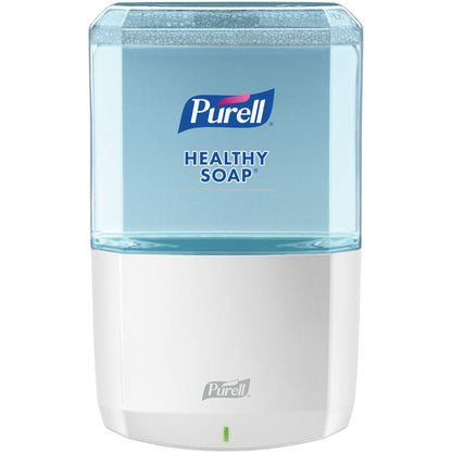 White PURELL ES6 touch-free hand soap and sanitizer dispenser measuring 12.1" x 5.3" x 8.6" with sleek design.
