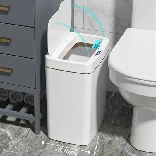 White smart bathroom trash can with touchless sensor, automatic bagging, narrow design, 15L capacity, ideal for smart home use.