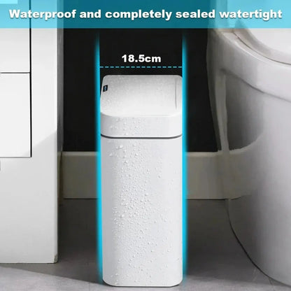 White 15L smart bathroom trash can with automatic bagging, touchless sensor, narrow design, ideal for smart home use.