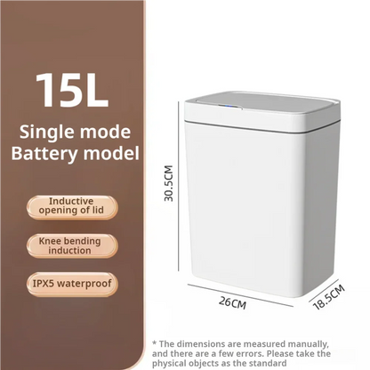 White 15L smart bathroom trash can with automatic bagging, touchless sensor, narrow design, ideal for smart home use.
