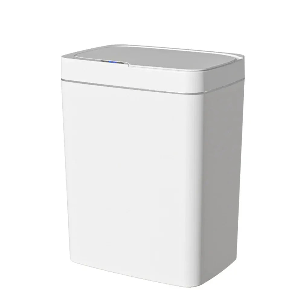 White 15L smart bathroom trash can with automatic bagging, touchless sensor, narrow design, perfect for smart home use.